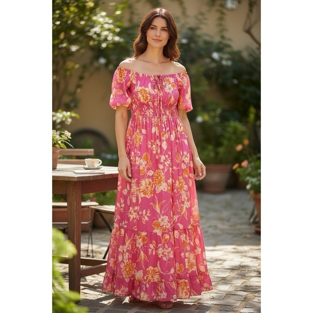 Pink Floral Off Shoulder Maxi Dress Sz M Cottagecore Romantic Summer Puff Sleeve
